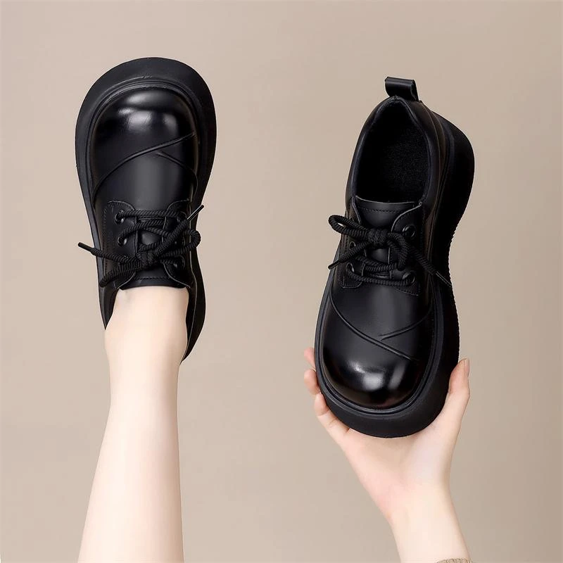 厚底增高乐福鞋女2025春秋新款复古中跟圆头学院风细带小皮鞋单鞋