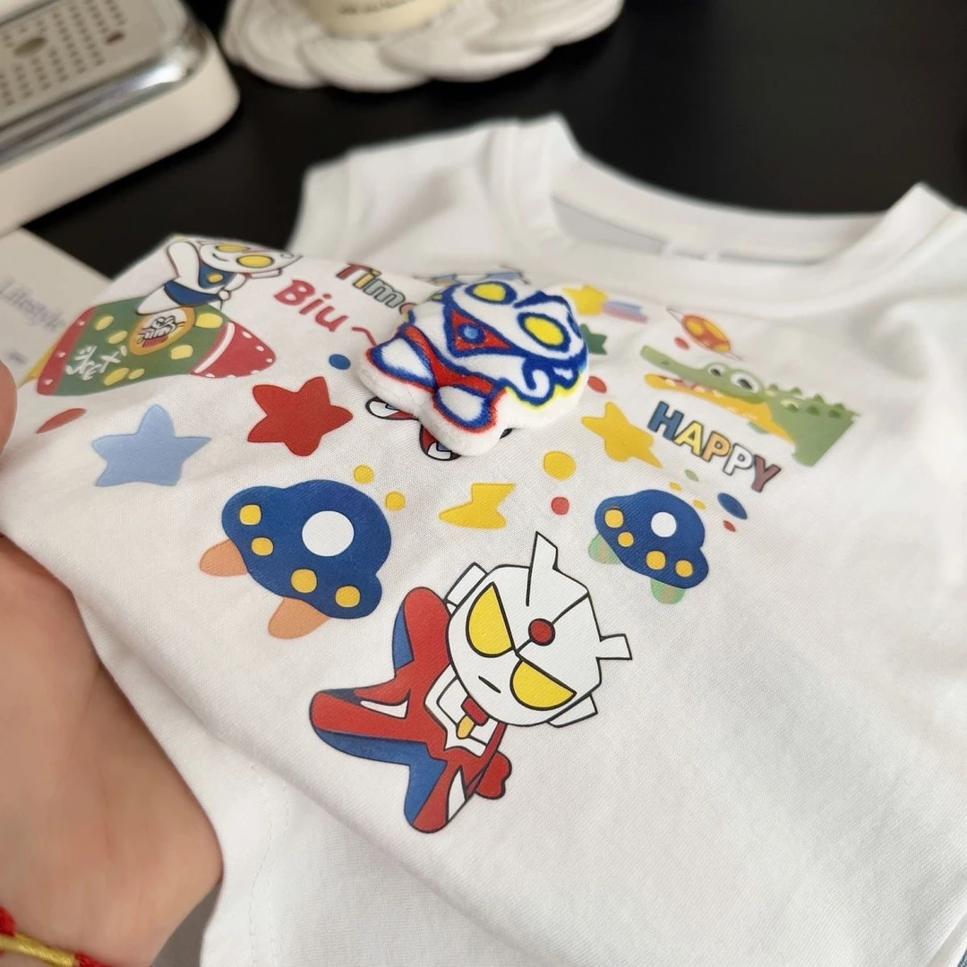 夏季卡通洋气中小儿童装男宝宝奥特曼带立体玩偶背心纯棉男童T恤