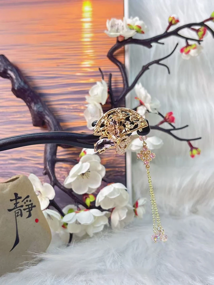 炑歌K375原创设计单簪粉色双面蝴蝶流苏时尚百搭18公分发簪