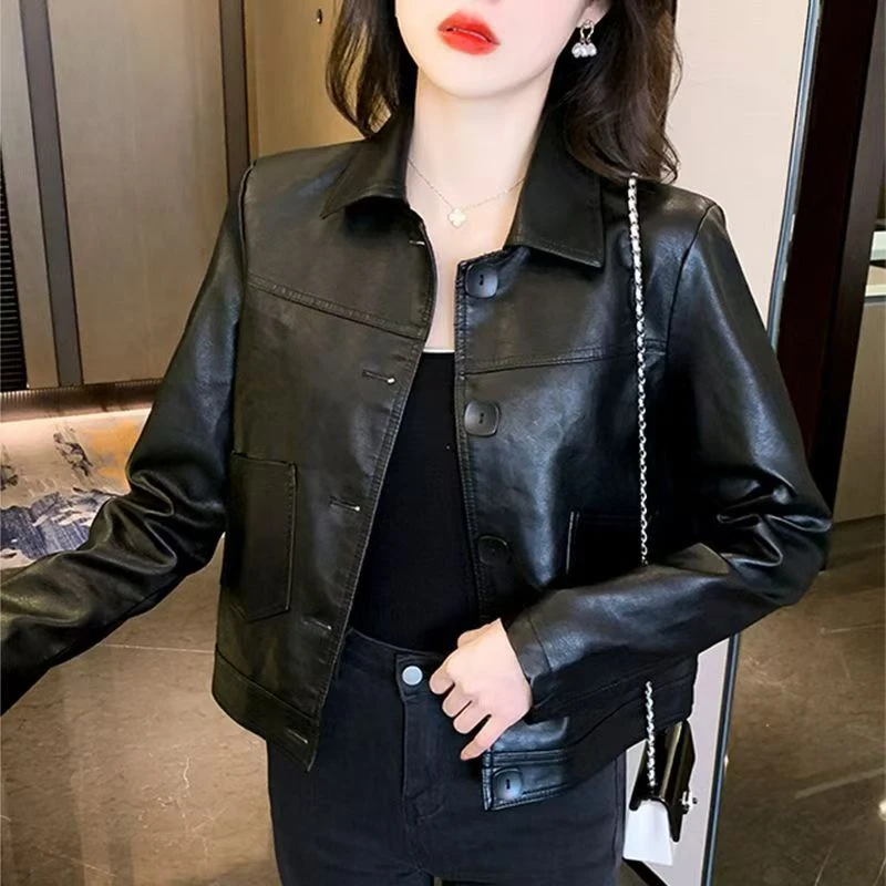 韩版修身潮流女装四排扣皮衣外套夹克