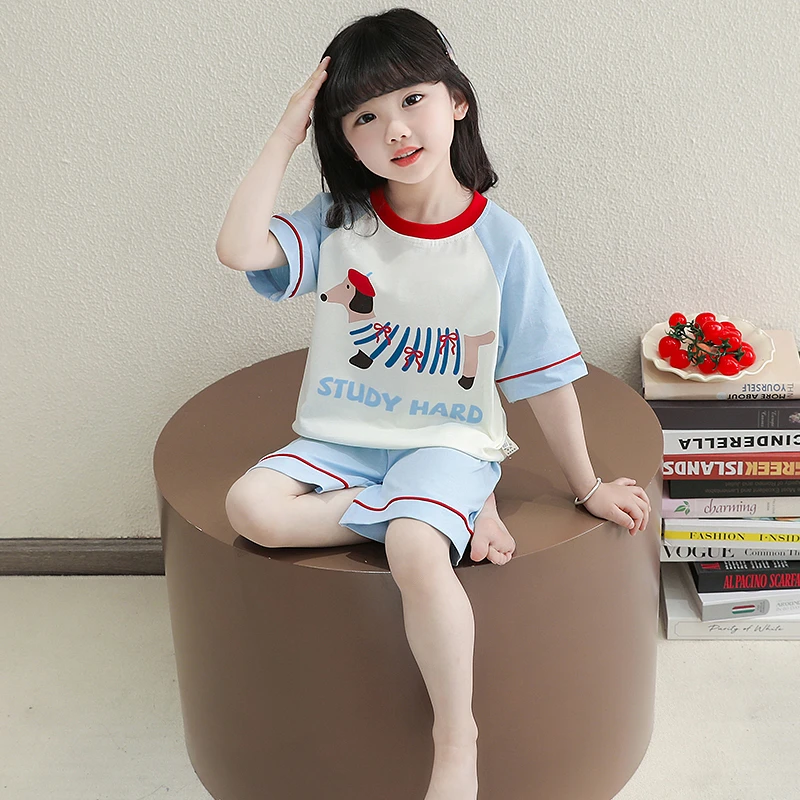 儿童睡衣夏季纯棉薄款短袖短裤男女童家居服空调服夏装卡通女宝宝