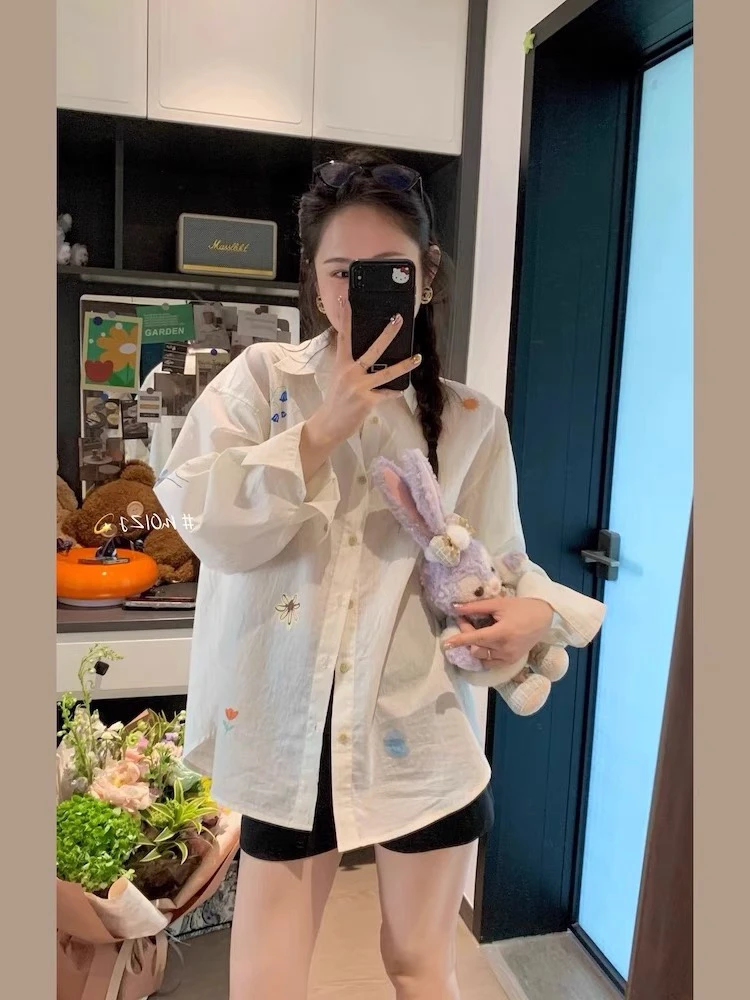 薄款条纹防晒衬衫女2025夏季韩系宽松休闲印花慵懒风长袖上衣外套