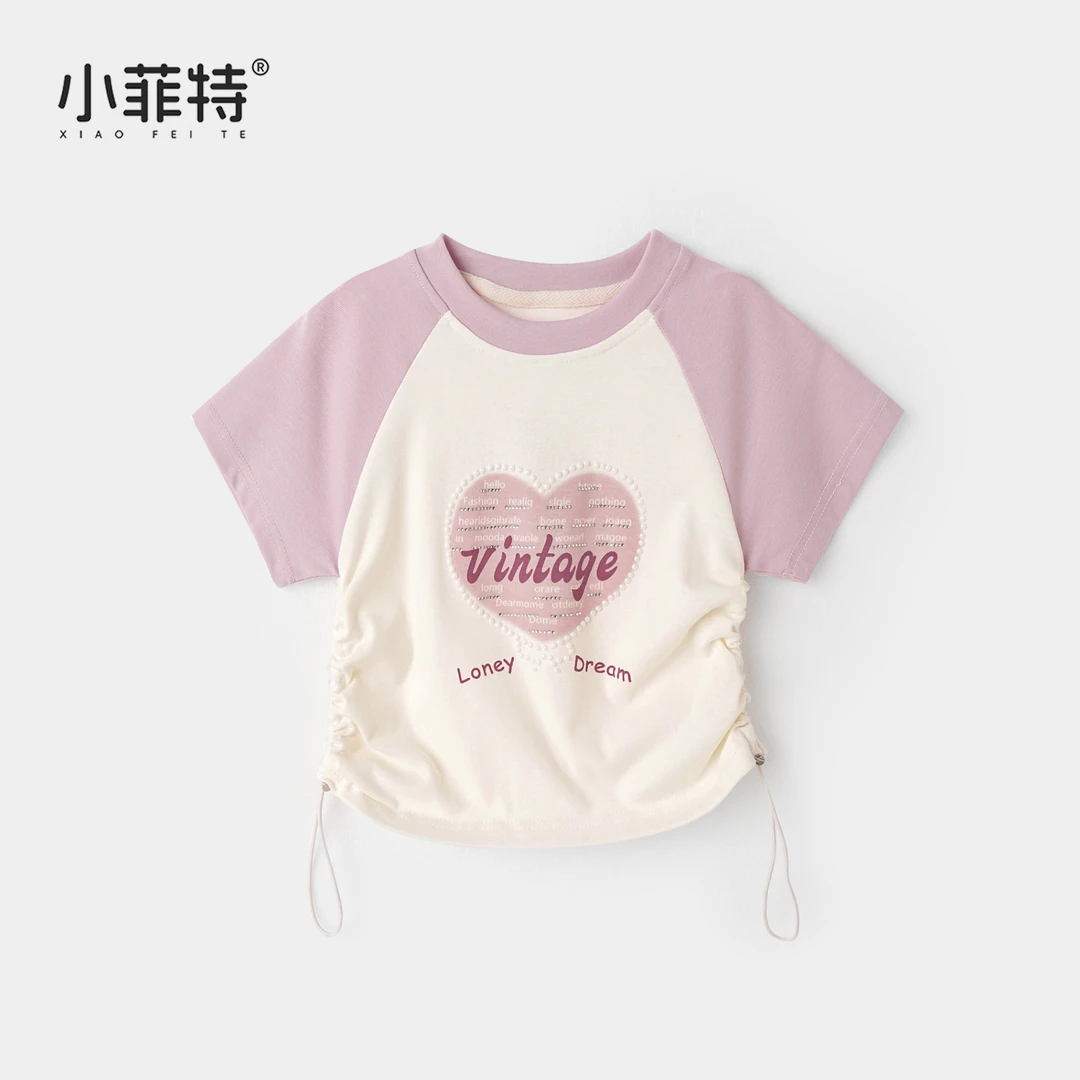 小菲特夏季新款女童甜美抽绳钉珠短袖t恤女孩插肩袖上衣QQYX51408