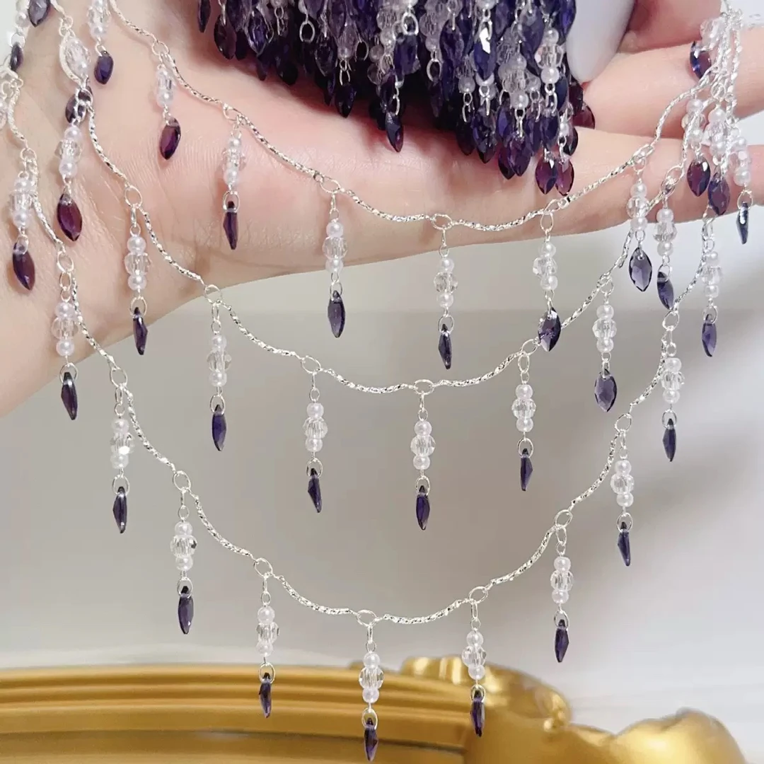 编号353 暮山紫锆石水晶珍珠弯棍双层水晶链条DIY饰品