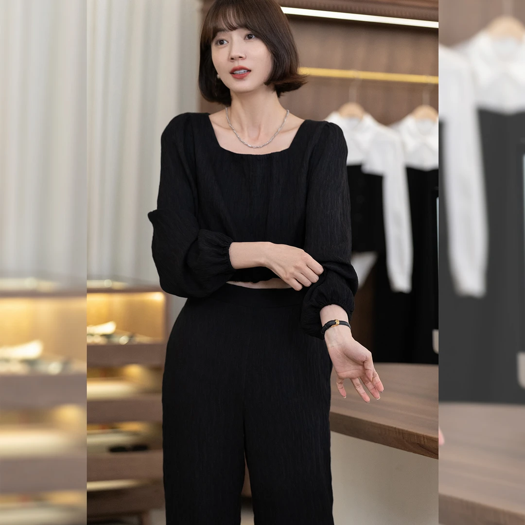 【微醺黄昏】黑色褶皱套装上衣+裤子FS306Z006