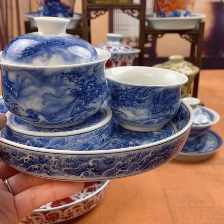 陶摆件青花龙吸水五件套