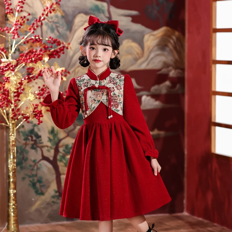 hwl8913女童公主风冬季原创设计女长袖连衣裙红色加绒公主裙子