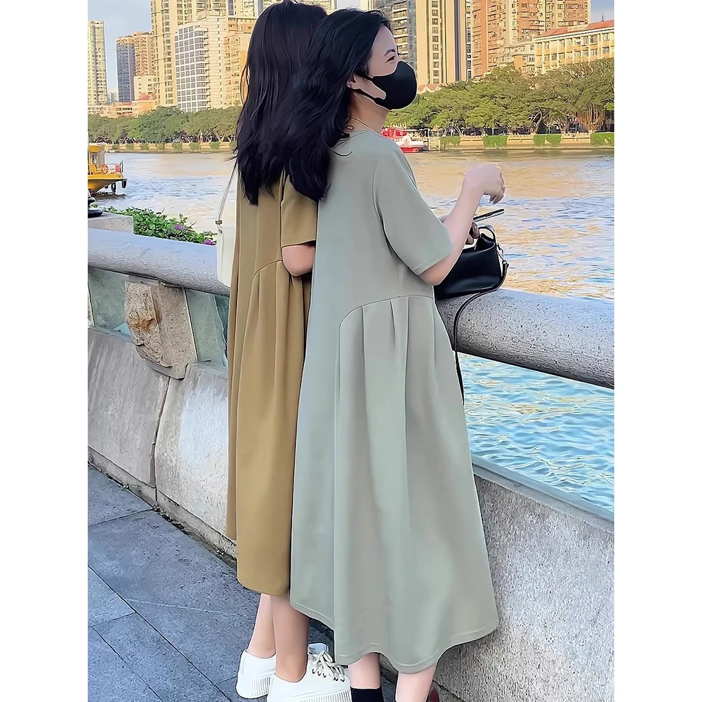 欧货2025新款夏季时尚休闲宽松浅灰色短袖t恤连衣裙穿搭显瘦女装