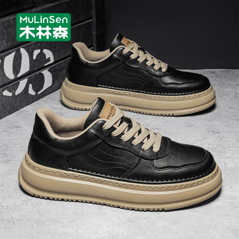 木林森男士休闲皮鞋春秋新款厚底耐磨复古板鞋男款户外运动休闲鞋