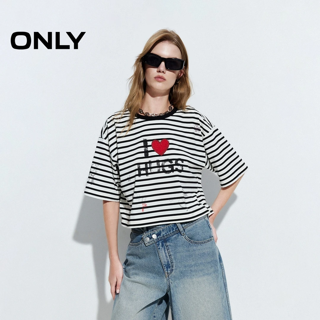 ONLY夏季爱心刺绣落肩短袖T恤女老钱风松弛感设计感|125201029