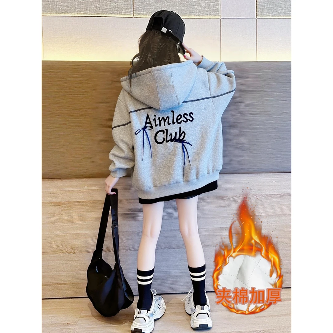 女童夹棉绗缝加厚卫衣2025冬季新款网红洋气中大童连帽保暖厚外套