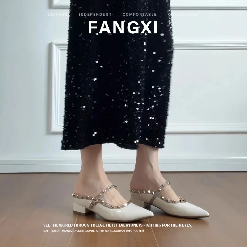 法式铆钉尖头内增高包头半拖鞋女夏外穿粗跟凉拖鞋一字扣后空凉鞋
