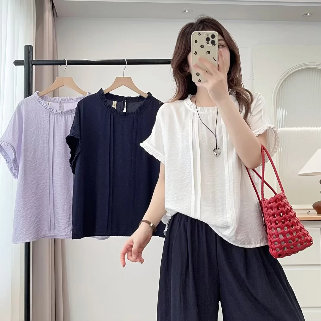 微胖大码女装夏季新款减龄米耳边拼接洋气纯色衬衫遮肚子短袖小衫