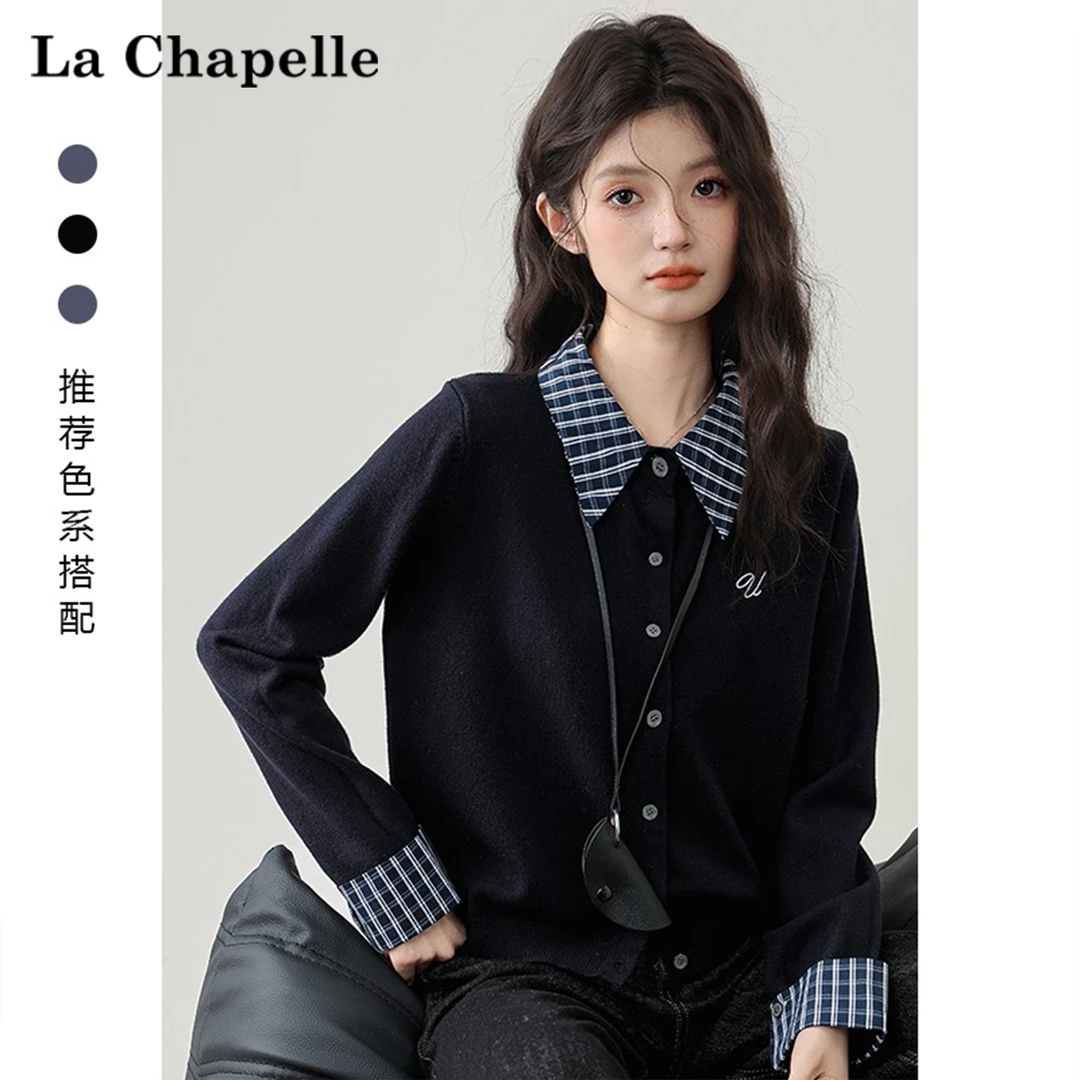 拉夏贝尔韩系格纹polo领拼接假两件针织开衫女宽松打底衫刺绣上衣