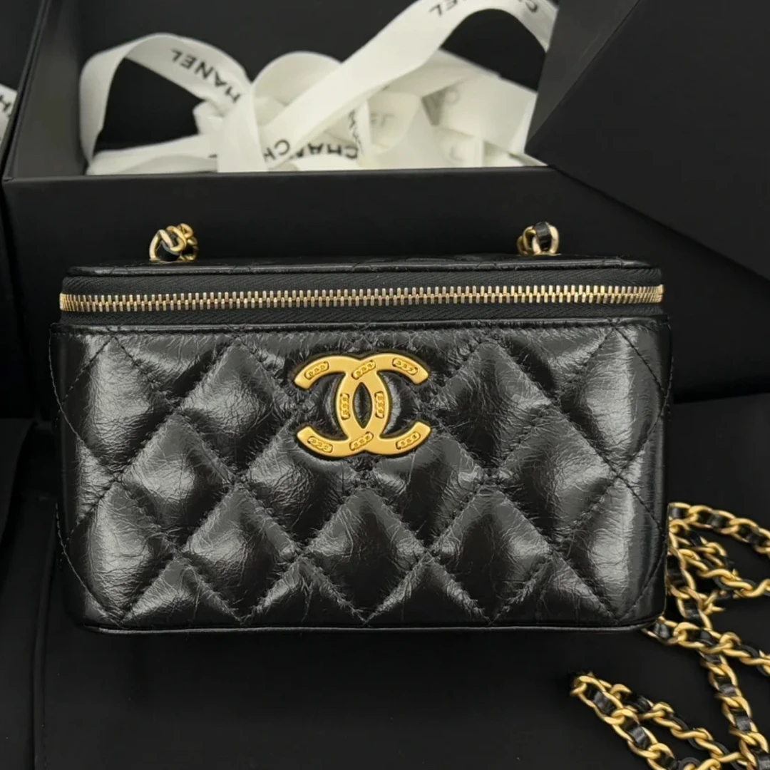 99新 Chanel/香奈儿 25年化妆盒黑色油蜡牛皮单肩包14966