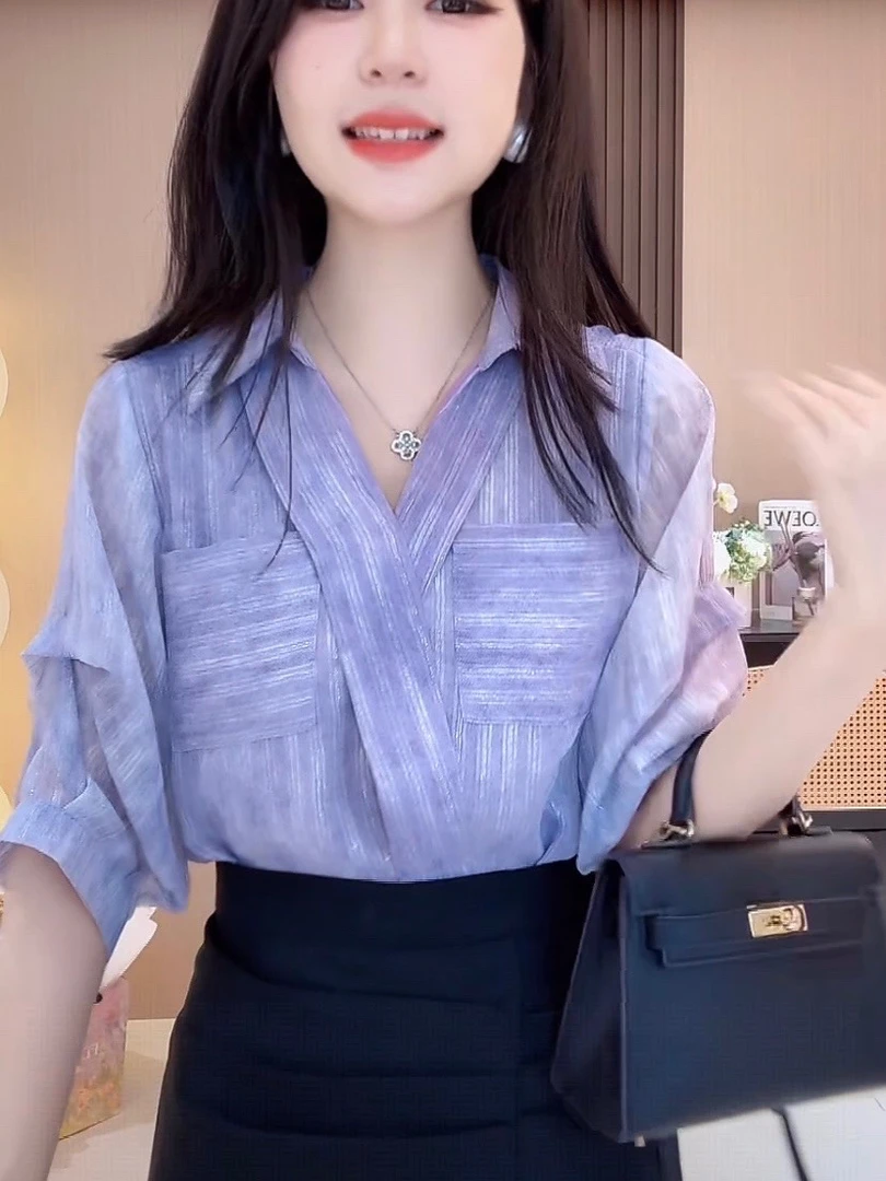 2025夏季新款简约优雅宽松袋小衫显瘦遮肉款高级气质洋气衬衫