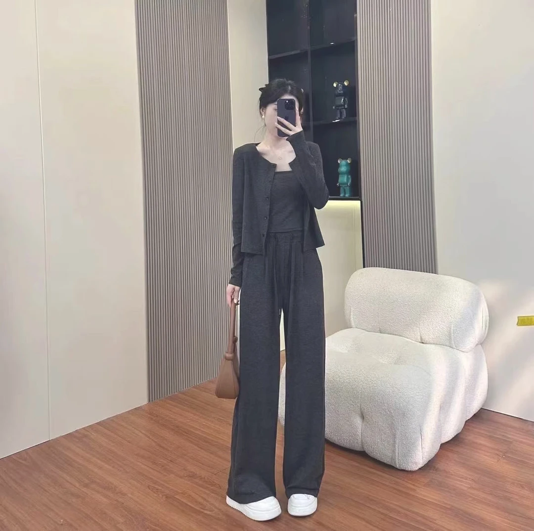 慵懒风时尚套装女春秋新款韩版休闲阔腿裤宽松显瘦洋气吊带开衫