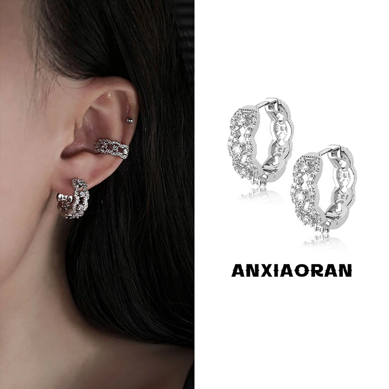 铜合金锆石耳饰 法式蕾丝花边镂空镶嵌耳环轻奢小众耳圈耳钉男生