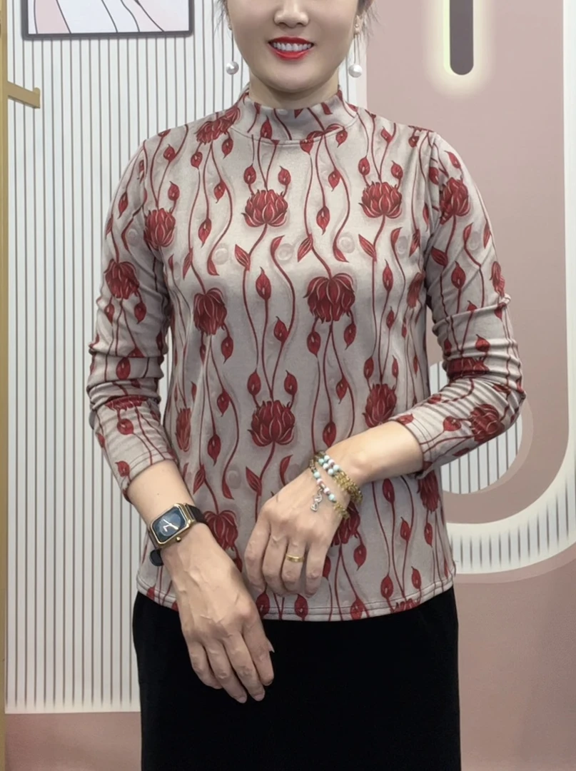 秋季新款长袖半高领小衫洋气时尚妈妈装长袖打底衫