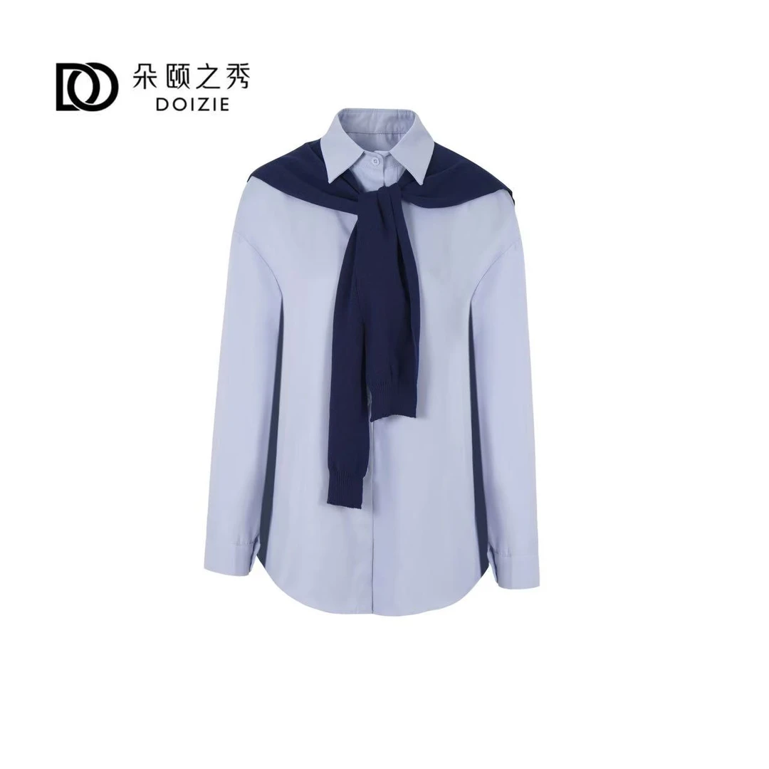 朵颐之秀|宽松百搭简约小马刺绣披肩衬衫D-24414