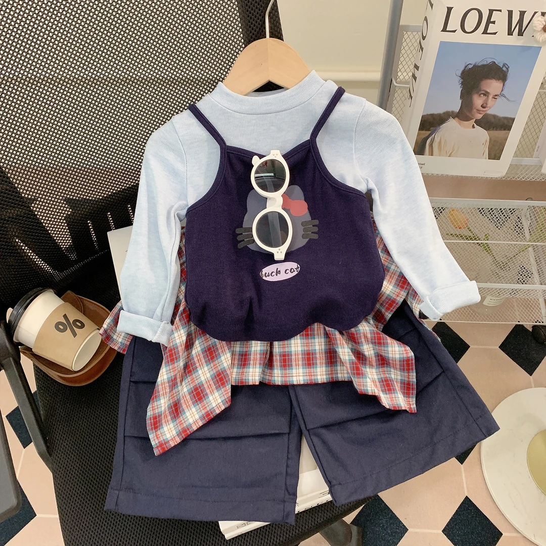 女童秋季套装2025新款猫咪卡通吊带中小童格子屁帘假两件休闲裤