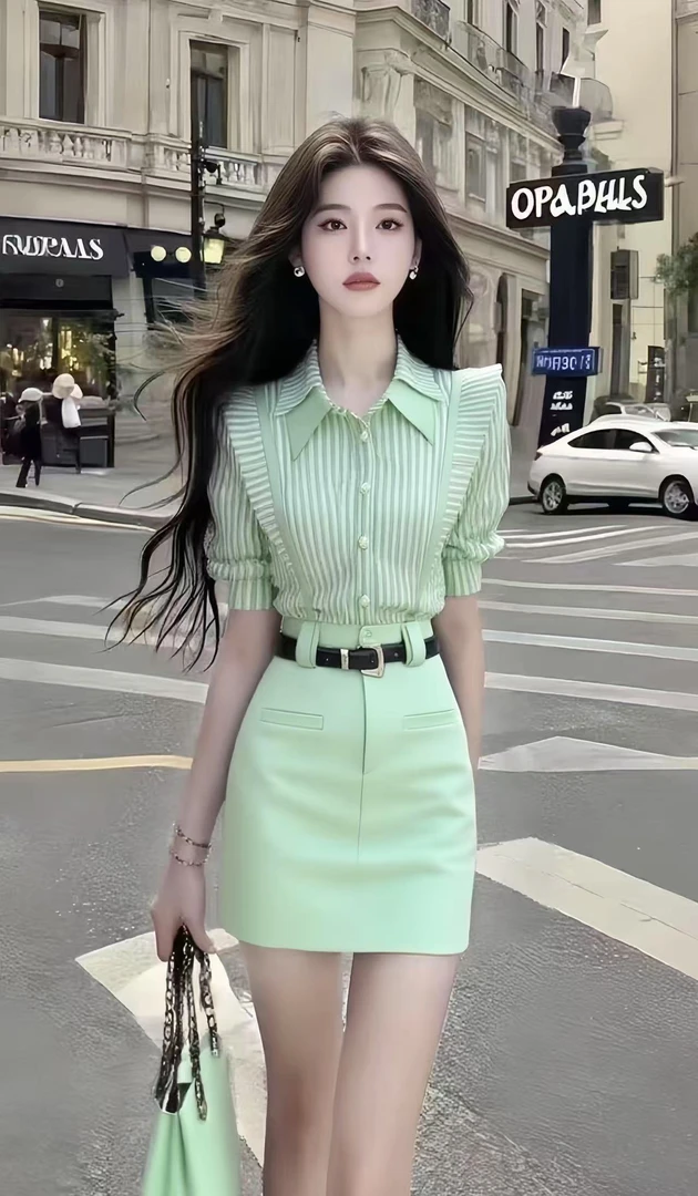 轻奢时尚气质名媛通勤风修身条纹衬衫上衣+高腰半身裙薄荷绿套装