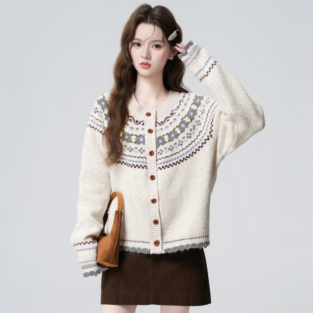 燕麦色费尔岛毛衣外套女春秋2025秋季新款圆领宽松针织开衫上衣