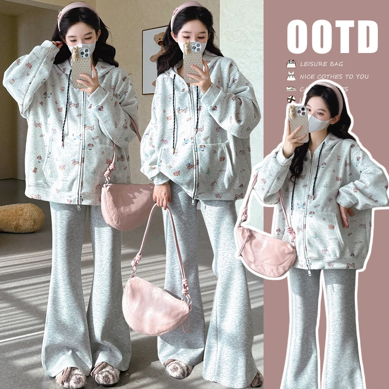 孕妇上衣秋冬新款韩版宽松连帽卡通小狗印花连帽卫衣显瘦孕妇外套