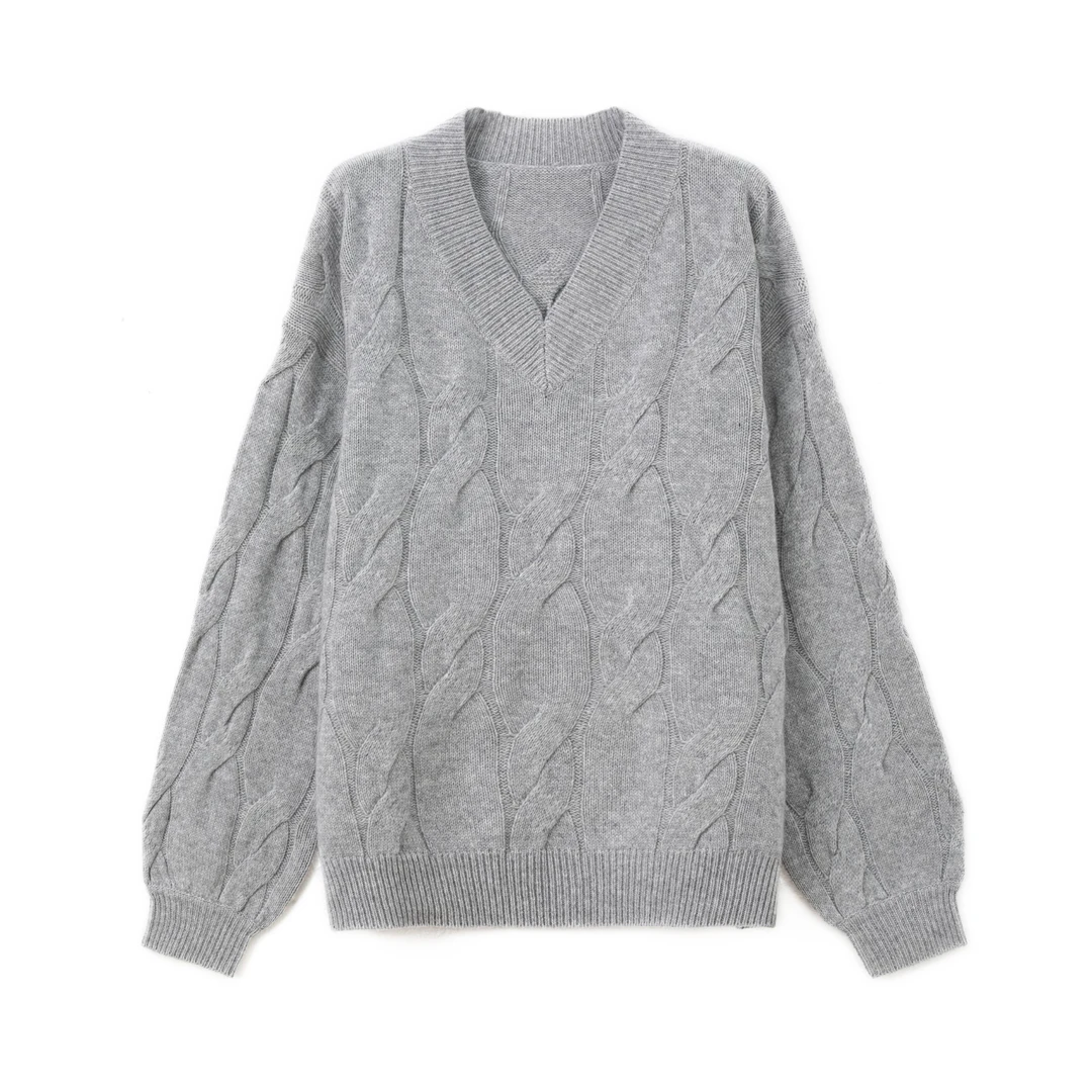 【老潘】慵懒风麻花v领毛衣宽松套头针织羊毛衫时尚提花款XM8061