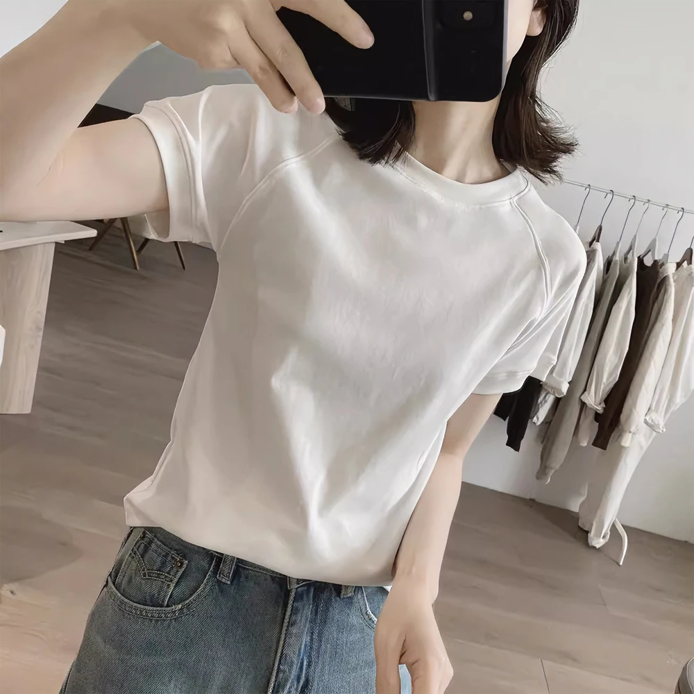 夏季新款简约纯色圆领短袖T恤女宽松减龄基础款休闲百搭棉质上衣