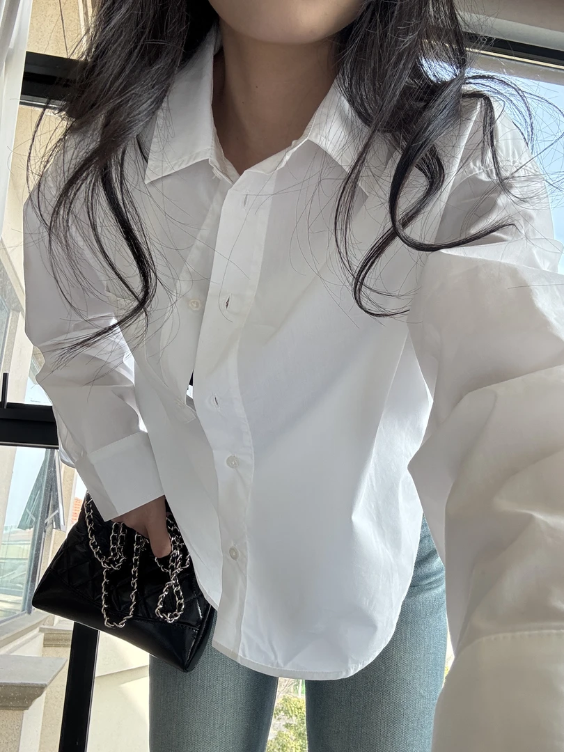 【Glozzzz】纯色弧形下摆辣妹短款出口订单上衣衬衫XJ80217