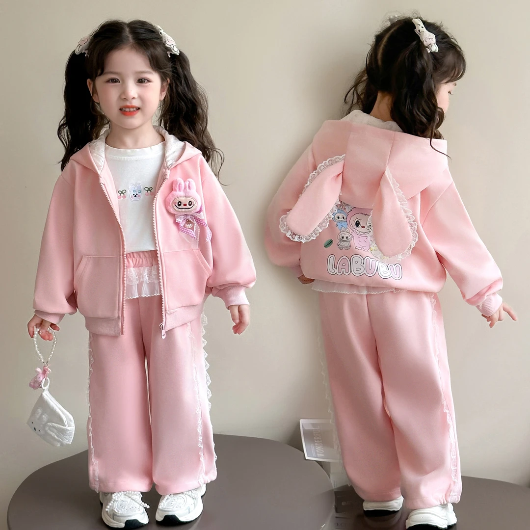 女童lAbubu卡通套装春秋2025新款洋气女孩时髦连帽耳朵开衫两件套