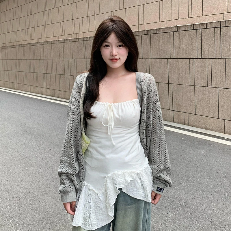 【9008】胖mm甜美风不规则蕾丝拼接吊带背心设计感外穿上衣女早秋