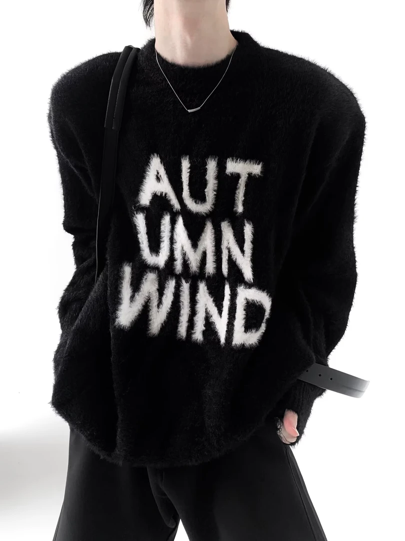 秋冬情侣宽松慵懒风字母提花圆领针织毛衣