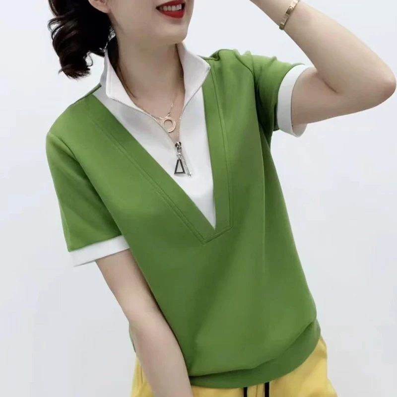 夏装新款olt恤女时尚洋气百搭拉链半开领假两件短袖休闲妈妈小衫