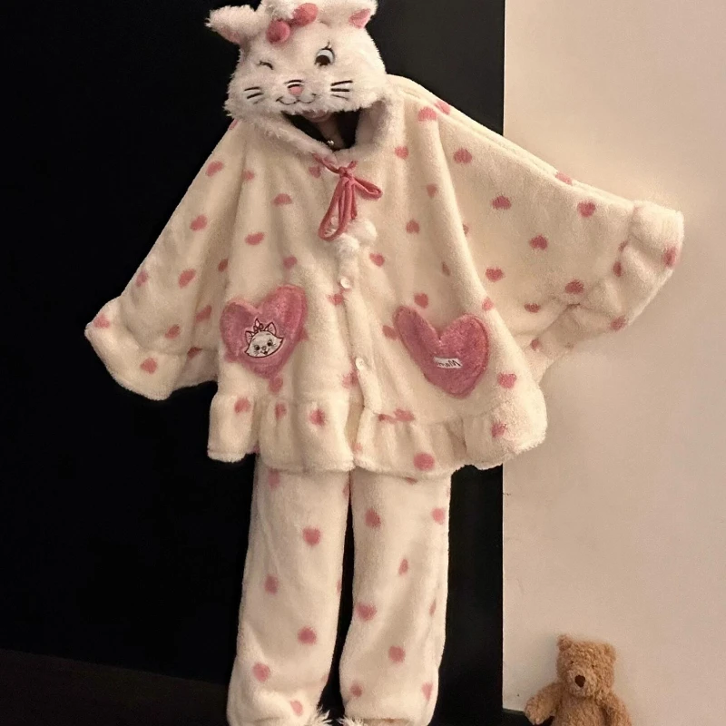 软萌玛丽猫连帽斗篷珊瑚绒睡衣女冬季新款大码加厚可爱家居服套装