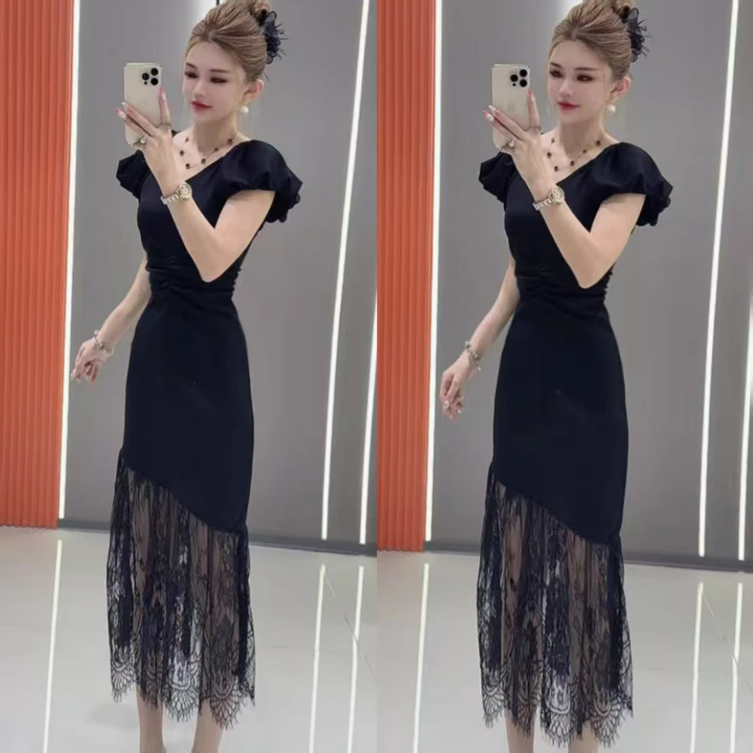 最新款0170 气质轻熟风包肩菲菲边蕾丝雕花拼接捏褶收腰连衣裙