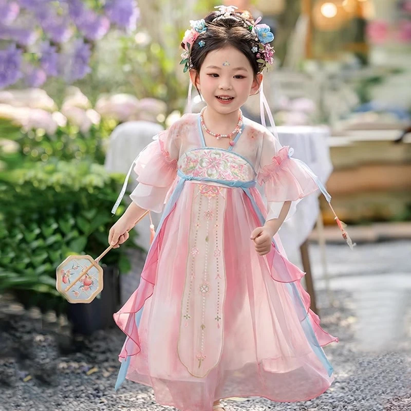 汉服女童2025新款夏季中国风连衣裙公主裙粉色襦裙古风仙气薄款
