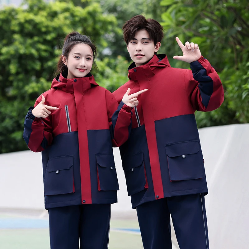 中小学生校服冲锋衣秋冬季初中生高中生红蓝色外套长袖团体服班服