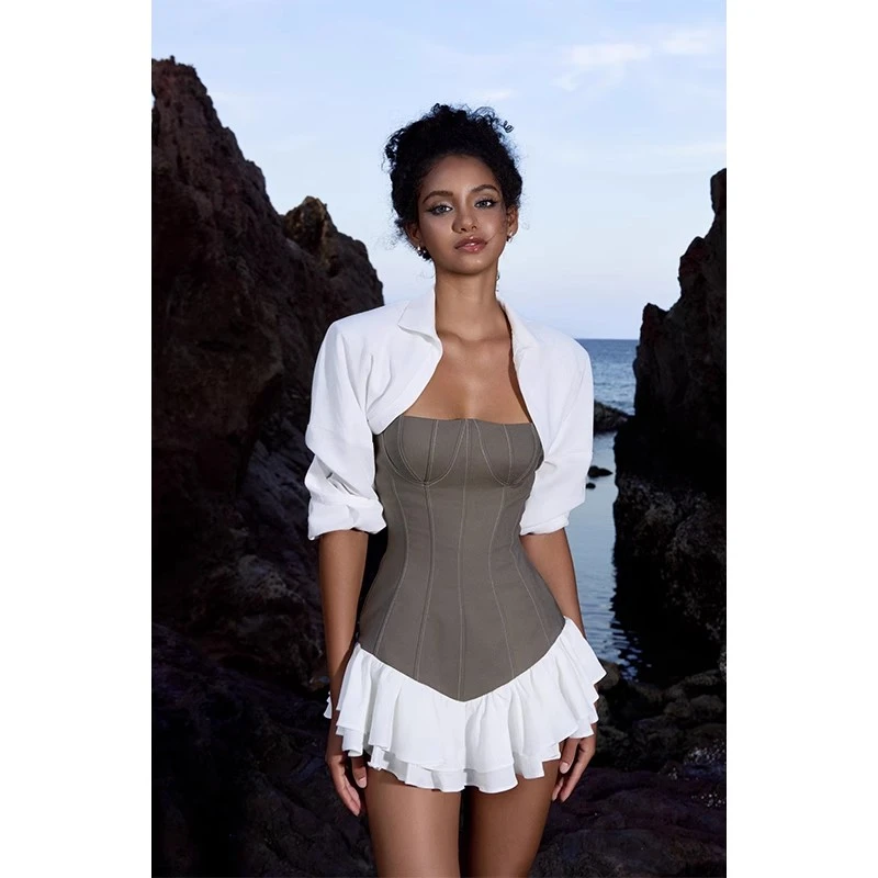 pinkmoon||美式辣妹撞色收腰软鱼骨荷叶边拼接抹胸连衣裙显瘦套装