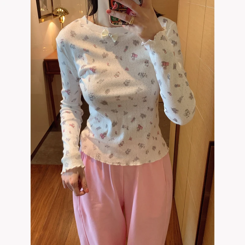 【张静芝】立体蝴蝶结满身碎花长袖T恤