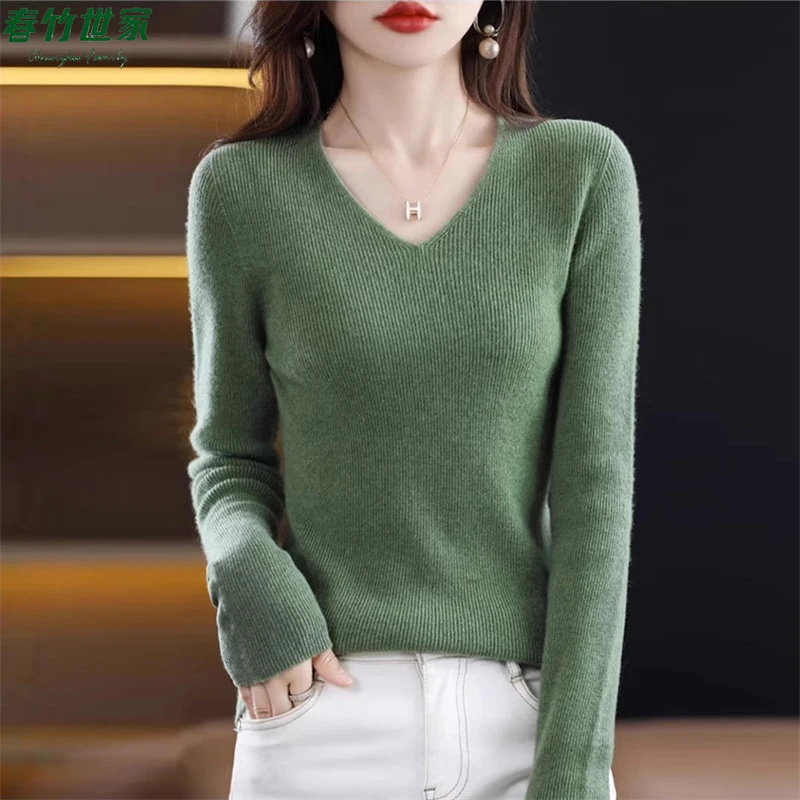 春竹世家V领针织衫女羊毛显瘦内搭毛衣羊绒保暖百搭打底长袖上衣