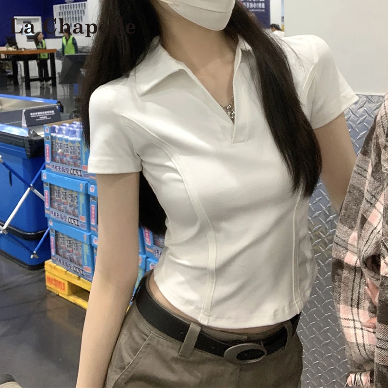 拉夏贝尔白色正肩polo领短袖T恤女2025夏季新款辣妹修身百搭上衣