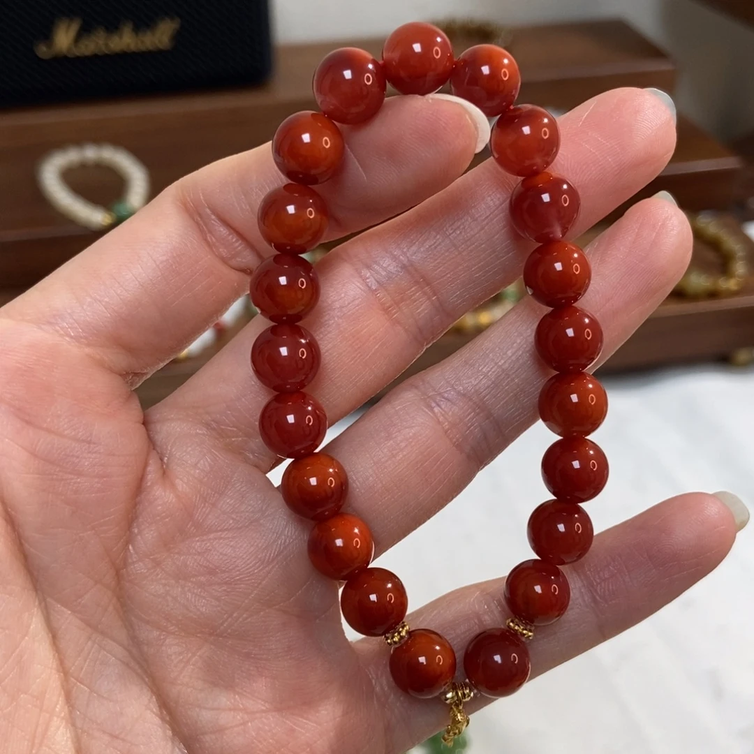 南红玛瑙18K金镶嵌手链9mm南红精品