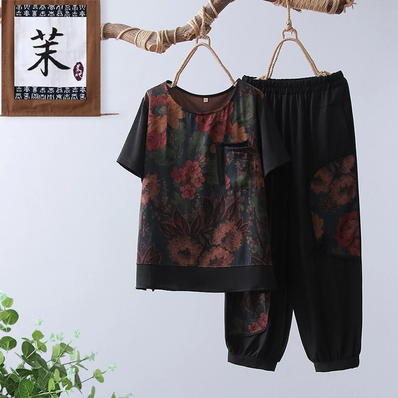 俞兆林中老年女夏装奶奶套装复古短袖恤胖妈妈雪纺两件套洋气大码