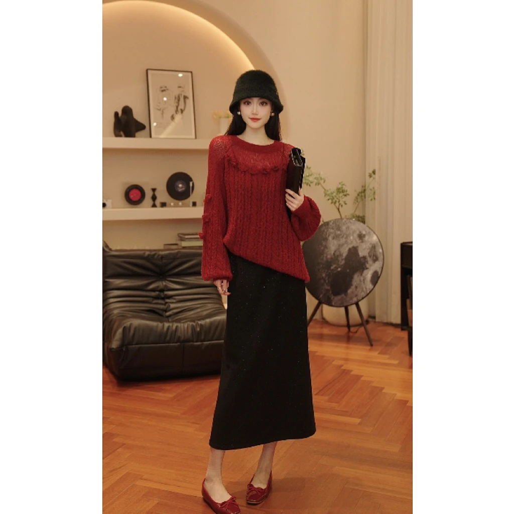 THE MENG【星钻半裙】醋酸绵羊毛纯色高腰修身显瘦百搭#M244Q0042