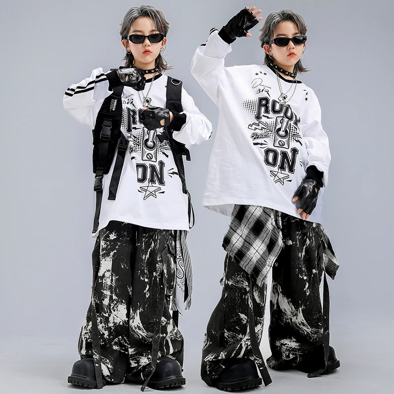街舞儿童嘻哈演出服男童酷帅长袖T恤hiphop舞蹈服女团爵士舞潮服