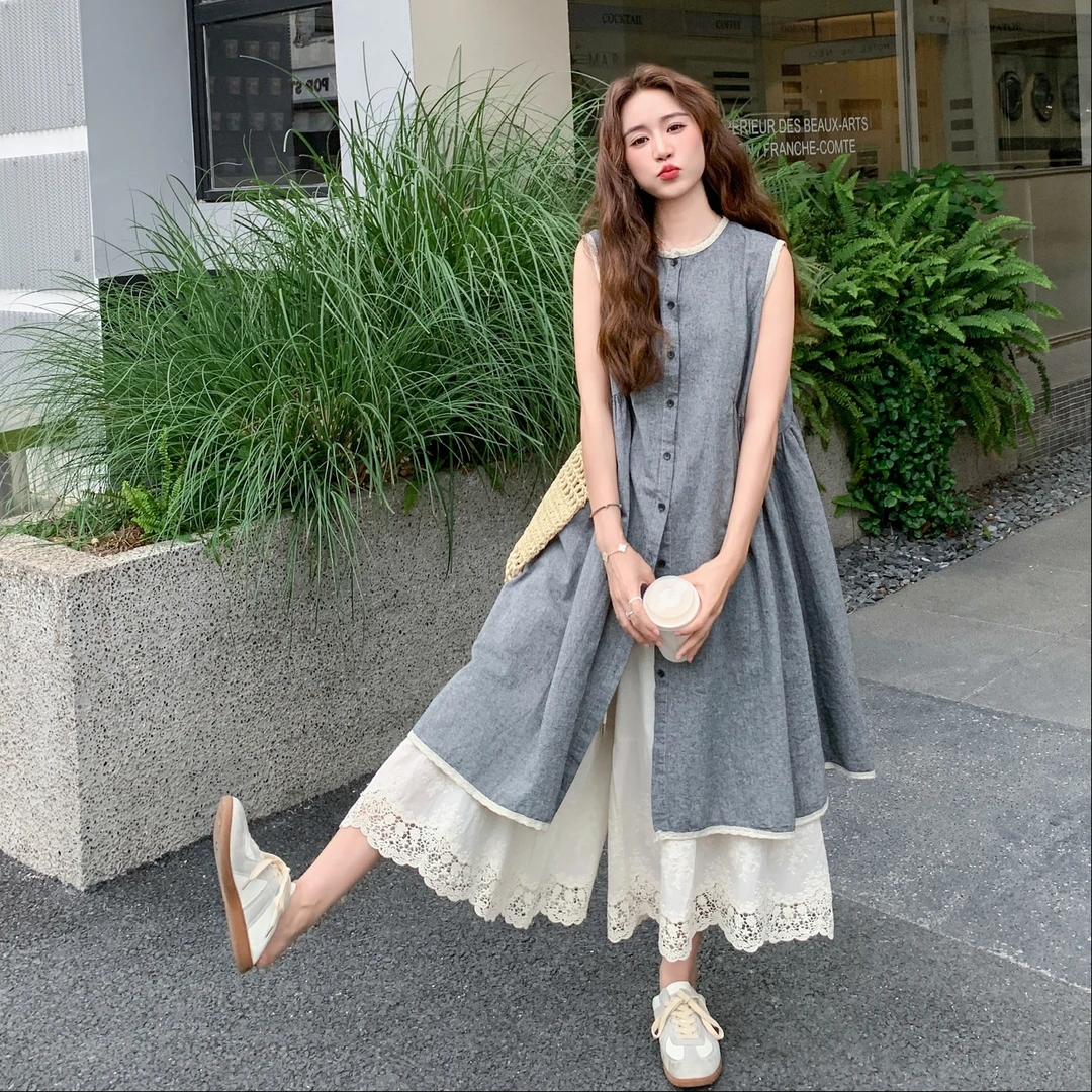 森系气质叠穿套装女夏2025新款无袖开衫背心衬衣长裙马蹄裤两件套