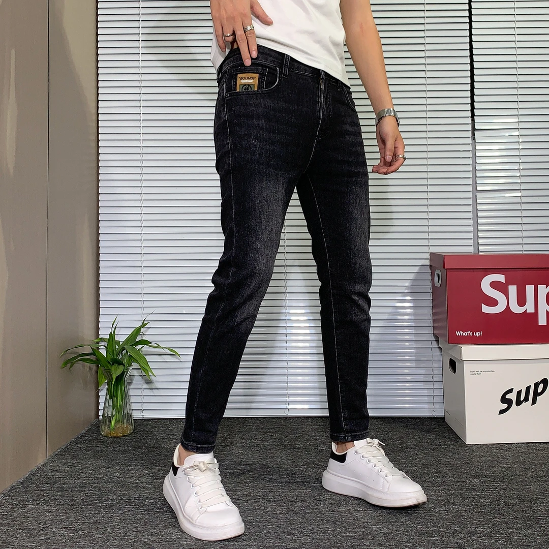 黑色牛仔裤男款秋季新款简约休闲弹力韩版修身小脚裤男士九分裤潮