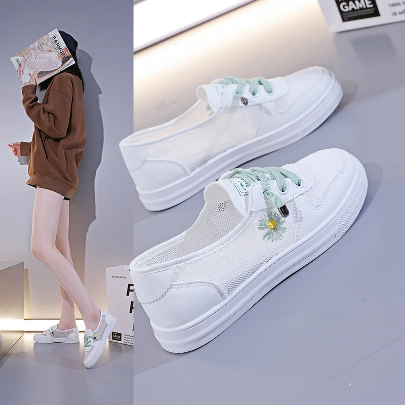 网面透气板鞋女2025夏季轻便百搭学生运动休闲小白鞋平底浅口德训